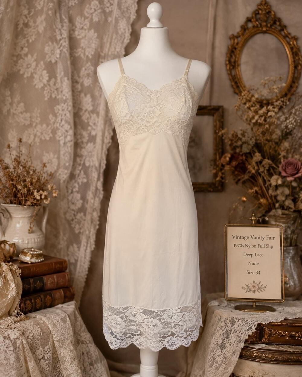 Vintage Vanity Fair Nylon Full Slip 1970s Deep Lace Nude Size 34